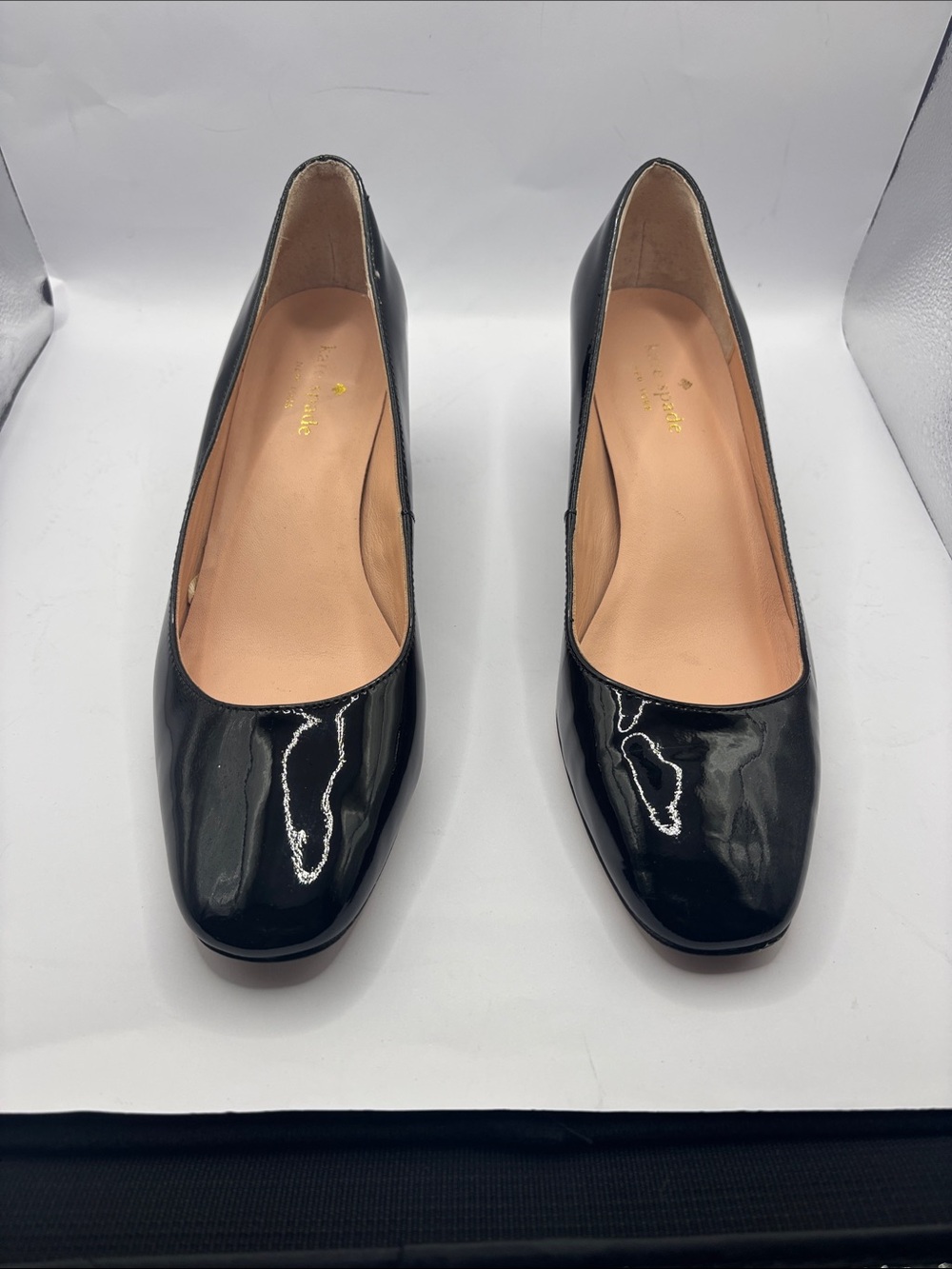 kate spade Black Patent Leather Rounded Square Toe glitter heels